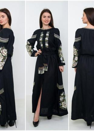 4529д розкішна  чорна лляна вишиванка вишита сукня в стилі бохо