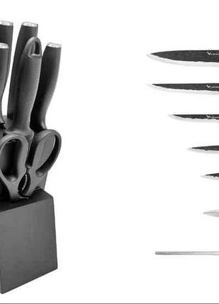 Набор кухонных ножей с мусатом(точилкой), 7 предметов на деревянной подставке, цвет черный1 фото