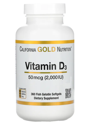 California gold nutrition, вітамін d3, 50 мкг (2000 мо), 360 капсул із риб’ячого желатину д3