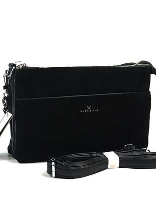 Замшевая женская черная сумка клатч на три отделения, сумочка кросс боди из натуральной замши4 фото