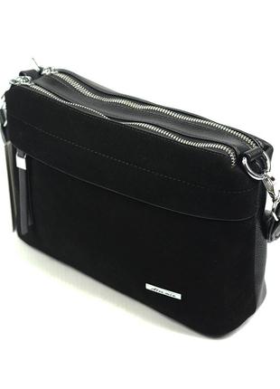 Жіноча сумочка з натуральної замші, маленька чорна молодіжна замшева сумка клатч на плече1 фото