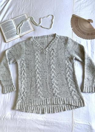 Серый меланжевый свитер-пуловер с косами из шерсти (размер 14/42-16/44)2 фото