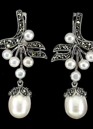 Срібні сережки з перлами і марказитами