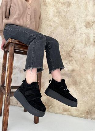 Высокие кроссовки, черные, натуральная замша, деми/зима