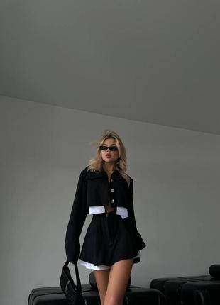 Костюм двійка жіночий вельветовий вельвет чорний шорти спідниця сорочка укорочена кофта комплект