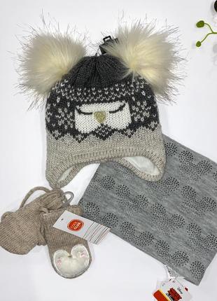 Набор: шапка, утепленная флисом + перчатки (утепленные) + хомут (утепленный флисом) 16, размер: 0-12 мес.