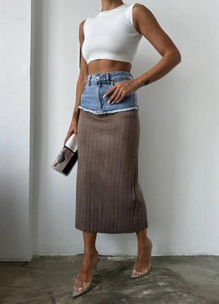 Накладной платеж ❤ турецкая трикотажная вязаная юбка миди с комбинированным джинсовым верхом