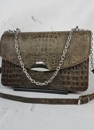 Сумка женская "богема" натуральная кожа, коричневая под крокодила
