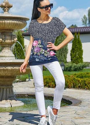 Блуза-туника синяя цветочный принт