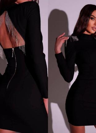 Сукня міні з відкритою спинкою з металевою бахромою на блискавці плаття чорна по фігурі трикотажна святкова вечірня елегантна трендова стильна