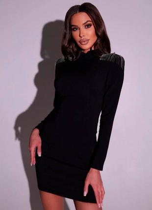 Сукня міні з відкритою спинкою з металевою бахромою на блискавці плаття чорна по фігурі трикотажна святкова вечірня елегантна трендова стильна