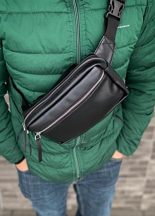 Чоловіча нагрудна сумка бананка слінг чорна універсальна екошкіра