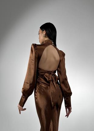 Платье миди шелковое с открытой спинкой, бантом и рукавом нарядное коричневое / шоколадное2 фото