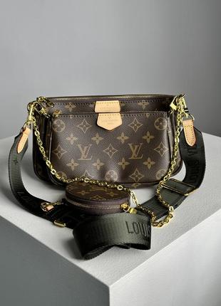 Отличная коричневая брендированная сумочка от louis vuitton с зеленым ремешком6 фото
