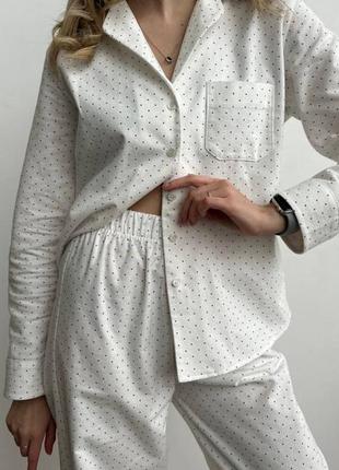 Піжамний комплект двійка біла в горошок, сорочка + штани, піжамний комплект, піжама жіноча, костюм для дому