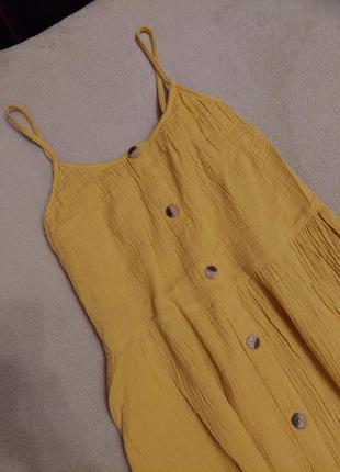 Жёлтое летнее х/б платье сарафан f&f жатка4 фото
