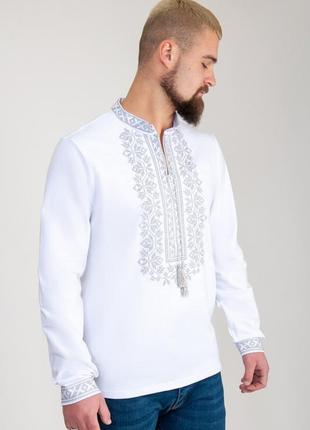 Біла вишиванка чоловіча, трикотажна сорочка з вишивкою для чоловіків1 фото