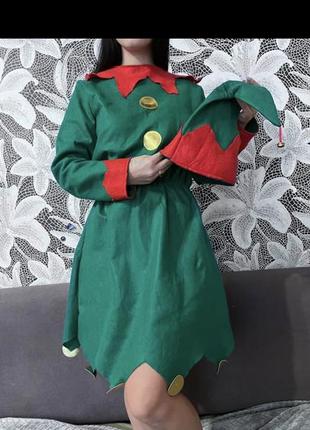 Карнавальное платье костюм новогодний эльф и шапка