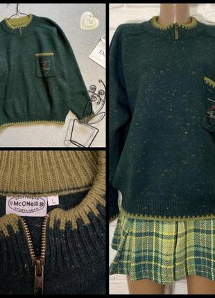 Вовняний зелений светр o'neill, американський, теплий, шерсть, вовна, меланж, на блискавці,1 фото