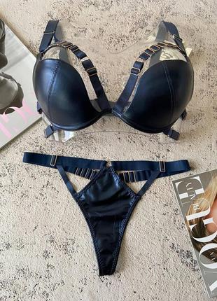 Сексуальний синий комплект женского нижнего белья на 2 размер груди, стринги и бюстгальтер с портупеей