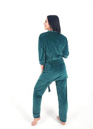 Велюровая пижама двойка комплект халат-мини и штаны 901 изумруд2 фото