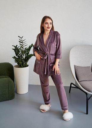 Пижамный комплект двойка халат мини и штаны плюш-велюр 901 лаванда