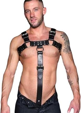 Сталева підтримка: чоловіча шкіряна портупея з пенісним кільцем універсальний розмір s/m/l/xl чорний ( 130-148 )