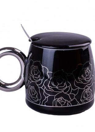 Керамічна чашка з кришкою і ложкою керамічний комплект golden romance колір: чорний2 фото