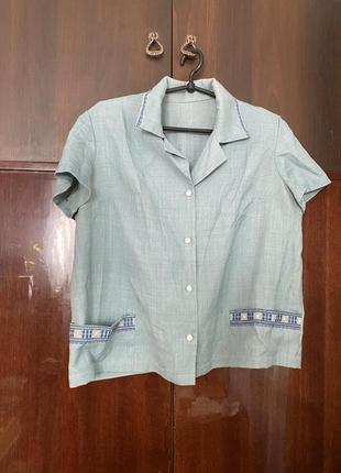 Натуральна лляна сорочка з вишивкою і коміром1 фото