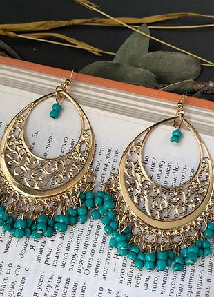 Серьги длинный восточные узоры с бирюзой