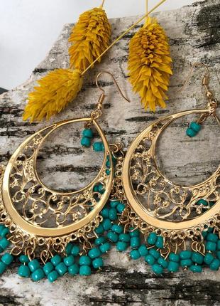 Серьги длинный восточные узоры с бирюзой