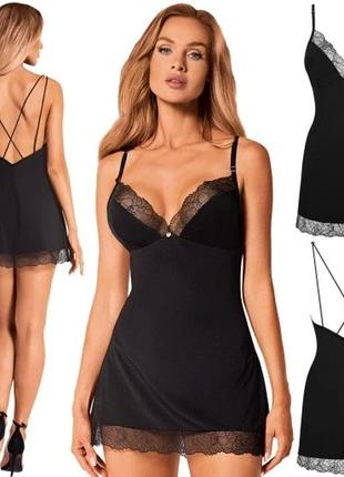 Сорочка-пеньюар с трусиками obsessive bella rou chemise & thong, m/l (black)2 фото