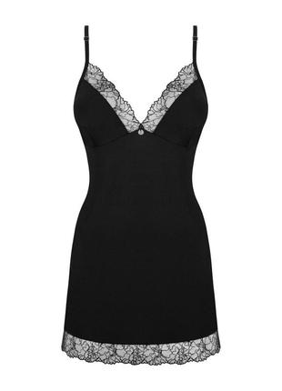 Сорочка-пеньюар с трусиками obsessive bella rou chemise & thong, xl/2xl (black)4 фото