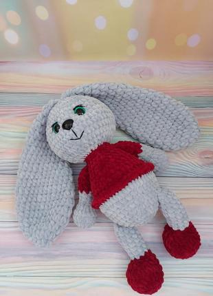 Зайчик м'яка іграшка 34 см + вушка в'язаний гачком плюшевий заєць