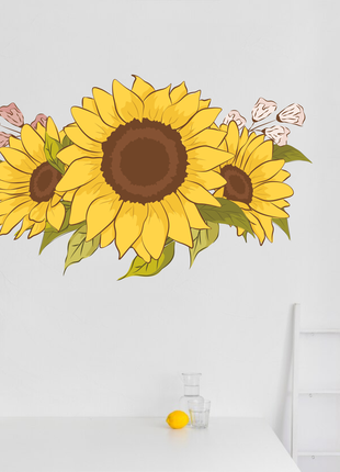 Виниловая интерьерная наклейка цветная декор на стену, обои и другие "солнечки и розовые цветы"
