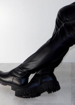 Сапоги ботфорты чулки женские кожаные зимние с молнией чёрные5 фото