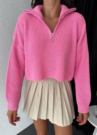 Укороченный свитер свободного кроя с высоким воротником под горло на молнии оверсайз кофта поло теплый стильный базовый черный серый розовый1 фото