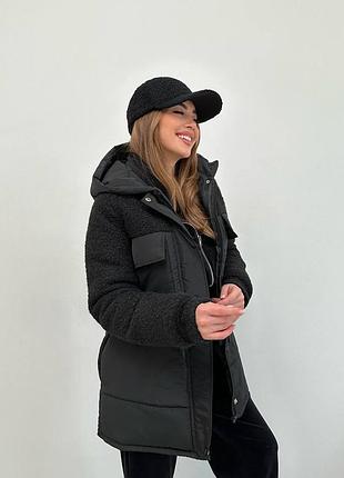 Куртка зима на молнии и кнопках с капюшоном рукав вставка с манжетом талия на кулиске врезные карманы ткань плащевка + мех барашек силикон 250 подклад