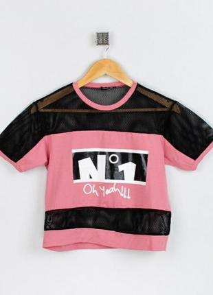 Стильная розовая с черным футболка с надписью оверсайз сетка3 фото