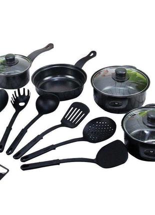 Кухонный набор посуды кастрюли и сковороды с антипригарным покрытием 13 шт, комплект посуды для кухни9 фото