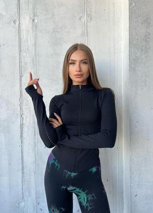 Кофта спортивная женская на молнии, рашгард удлиненный, лонгслив с отверстиями для пальцев - черный