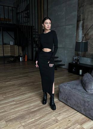 Сукня щільний турецький рубчик резинка,плаття з розрізом на нозі та животі,має виріз для пальців, чорний, мокко і беж2 фото
