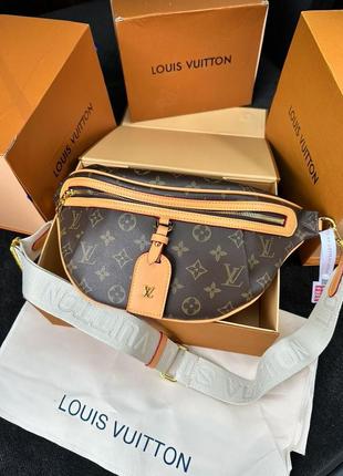 Кожаная бананка брендированная louis vuitton коричневая поясная сумочка4 фото