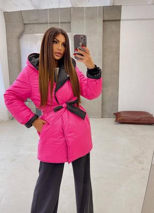 Трендовая двусторонняя куртка зимняя с капюшоном на запах с поясом оверсайз тепла удлиненная