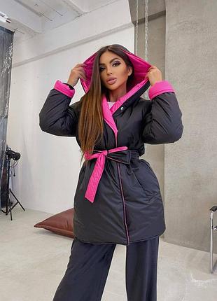 Трендовая двусторонняя куртка зимняя с капюшоном на запах с поясом оверсайз тепла удлиненная
