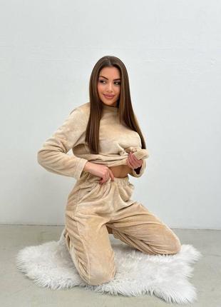 Теплая пижама махровая кофта свободного кроя брюки с высокой посадкой на резинке джоггеры свободного кроя9 фото