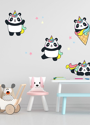 Виниловая интерьерная наклейка цветная декор на стену, обои и другие поверхности "панды на празднике"