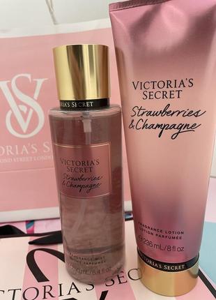 Подарочный набор виктория сикрет,спрей и лосьон для тела victoria’s secret strawberries &amp; cha