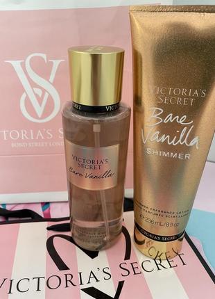 Набор виктория секрет,спрей и лосьон с шиммером victorias secret bare vanilla