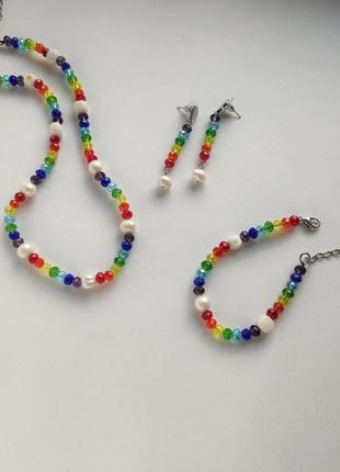 Комплект з перлами намисто браслет сережки кольє чокер жемчуг кульчики серьги7 фото